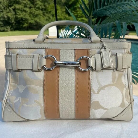 COACH Monogramed Cream & Tan Hamilton Tote Handbag Purse Silver Hardware GUC - Picture 2 of 11